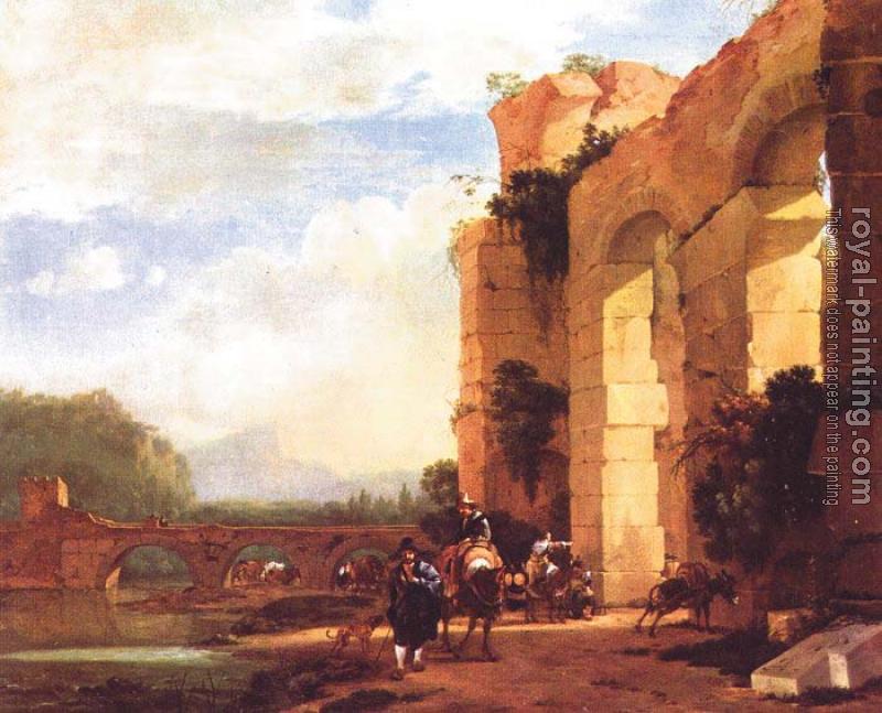 Jan Asselijn : Graphic Italian Landscape with the Ruins of a Roman Bridge and Aqueduct